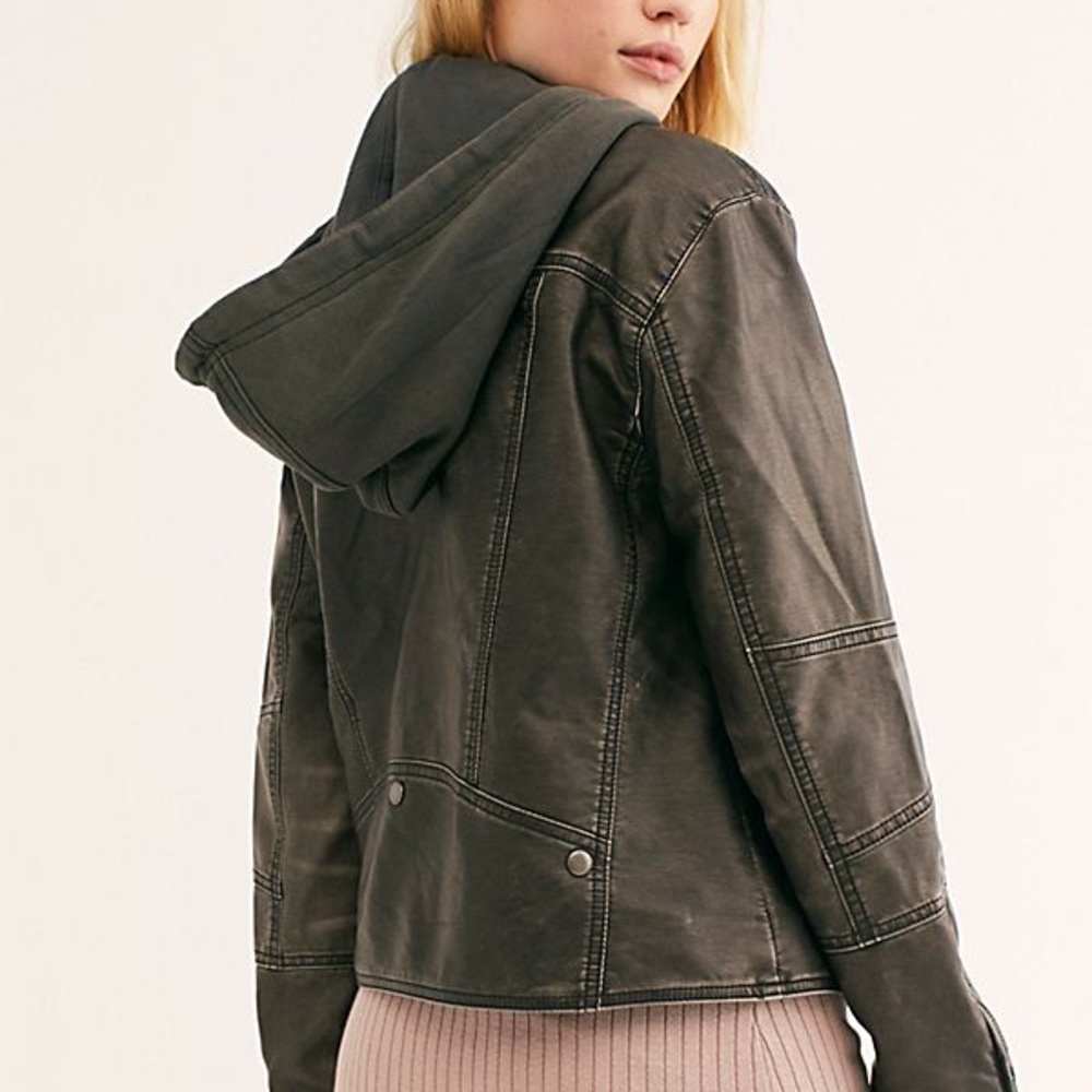 Free People hooded Moto leather jacket